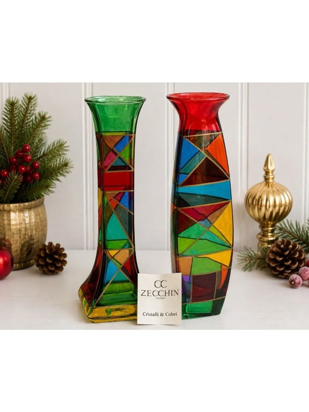 CC Zecchin Venezia Italy Art Glass Vases Pair Cristalli & Colori 8.75